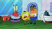 L-R: Mr. Krabs, SpongeBob, Policeman