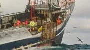 Deckhand Clayton Gore throws the hook off the rail of the icy Saga.