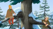 Pettersson und Gustavsson haben sich auf einem Baum vor dem Elch in Sicherheit gebracht.