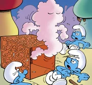 Eines Tages finden die Schlümpfe eine seltsame Schachtel. Als sie diese öffnen, qualmt aus dem Innern eine angsterregende Wolke.