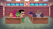 L-R: Starfire, Beast Boy, Robin, Raven, Cyborg