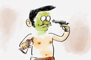 Als guter Wissenschaftler testete Percy die schusssichere Salbe mit einem Revolver an sich selbst.