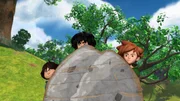 Gut getarnt schleichen sich die drei Gefährten Tuck, Little John und Robin Hood an.