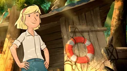Fritzi steht oben auf dem Baumhaus.
