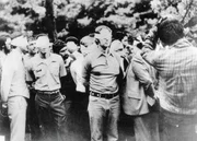 Original caption: Tehran, Iran. This photo taken on the first day of occupation of the U.S. Embassy in Tehran shows American hostages being paraded by their militant Iranian captors. The picture was obtained by UPI after the FBI showed no interest. It was brought into the U.S. by an Iranian. Original caption: Tehran, Iran. This photo taken on the first day of occupation of the U.S. Embassy in Tehran shows American hostages being paraded by their militant Iranian captors. The picture was obtained by UPI after the FBI showed no interest. It was brought into the U.S. by an Iranian.