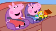 Peppa (l.) und Schorsch wollen zum Spielplatz fahren und freuen sich schon riesig. Doch die Fahrt dorthin stellt sich als sehr schwierig heraus.