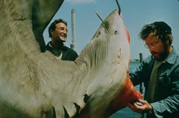 Oceanographer Matt Hooper (Richard Dreyfuss), Chief Martin Brody (Roy Scheider) with a shark