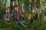 ISSAQUAH, WASHINGTON: Left to Right, Treehouse Masters' Alex, Pete Nelson, Chuck, Charlie Nelson and Daryl pause in the forest near the Bonbibi treehouse at Treehouse Point.