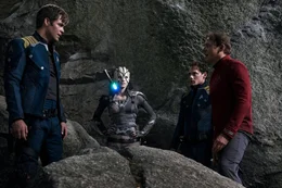L-R: James T. Kirk (Chris Pine), Jaylah (Sofia Boutella), Pavel Chekov (Anton Yelchin), Montgomery Scott (Simon Pegg).