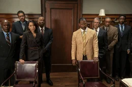 Doug Spearman as Richard Mayfield, Jurnee Smollett as Mame Downes, Gralen Bryant Banks as Walter Lee, Jamie Foxx as Willie Gary, Alan Ruck as Mike Allred, Dorian Missick as Reggie Douglas, and Mamoudou Athie as Hal Dockins in The Burial Photo: Skip Bolen &copy; AMAZON CONTENT SERVICES LLC