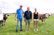 Frank Buchholz (M) auf der Hasthem Hoeve Longhorn Ranch bei Itte und Oane Smink (l).