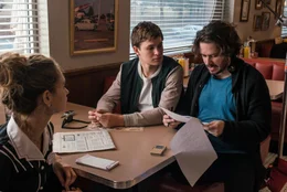 BTS/ Director EDGAR WRIGHT with Lily James and Ansel Elgort (center) on the set of TriStar Pictures' BABY DRIVER.