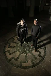 Sam Willis and Robert Joe stand on the Black Sun at Wewelsburg castle, a symbol now used by many neo-Nazis in Germany as a substitute for the banned swastika.