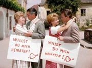 Bayerisches Fernsehen MARIANDL, Buch: Janne Furch am Samstag (07.07.07) um 21:50 Uhr. Alte und neue Bande - von links: Marianne (Waltraut Haas), Hofrat Geiger (Rudolf Prack), Mariandl (Cornelia Froboess) und Geigers Sekret&auml;r Peter Hofer (Peter Weck).