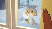 Findus hat sich ausgesperrt. Nun muss er Pettersson durch die Scheibe darauf hinweisen, dass der ihn ins Haus lässt.
