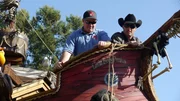 Ron and John Daniels on the completed Pirate Ship Treehouse.