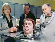 Welche Identit&auml;t steckt hinter diesem Kopf? Gil (William Petersen, M.), Catherine (Marg Helgenberger) und Dr. David Robbins (Robert David Hall) sind ratlos.