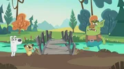 An einer alten und wackeligen Brücke treffen Dog und Puck auf einen grimmigen Troll.