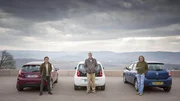 V.l.: Richard Hammond, Jeremy Clarkson und James May mit dem Ford Fiesta, Volkswagen Up und Dacia Sandero.