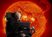 Stephen Hawking in front of sun with coronal mass ejections. Stephen Hawking in front of sun with coronal mass ejections.