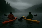 Am frühen Morgen zieht Nebel über das ruhige Wasser im Bundesstaat Washington, während eine Gruppe von Kajakfahrern lautlos durch den Dunst gleitet. Mächtige immergrüne Bäume säumen das ferne Ufer, ihre Spiegelbilder tanzen auf dem glatten See. Die Atmosphäre ist friedlich und zugleich geheimnisvoll – sanftes Licht bricht durch den Nebel, und das einzige Geräusch ist das leise Plätschern der Paddel.