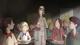 Lehrerin Frau Liesegang tadelt Fritzi und ihren Freund Bela in der Klasse.