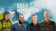 Key Visual/Cover Sendereihenbild mit Typo zu "Bergmenschen". In dieser Sendung werden Menschen begleitet, die die Berge als Lebensmittelpunkt gewählt haben: Was bedeutet das Leben und Arbeiten in den Alpen und anderen Gebirgen für sie, welche Herausforderungen müssen sie meistern? Von links: Roman Kurz, Luis Baudrexl, Michl Ludwig und Beatrice Soyter.