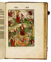 Der Holzschnitt aus dem Laienspiegel von Ulrich Tengler, der 1509 erstmalig erschien, illustriert Hexenwerk wie Himmelsflug, Wettermachen und Teufelsbuhlschaft, das zum Tod auf dem Scheiterhaufen f&uuml;hrt.