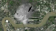 Zwei deutsche Dornier 17-Bomber &uuml;berfliegen West Ham in London w&auml;hrend eines Angriffs am ersten Tag des Blitzkriegs. (Artifex Animation Studios Inc./Alamy)