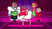L-R: Cyborg, Beastboy, Trigon, Starfire, Robin.
