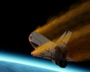 CGI of shuttle breaking up upon re-entry to the earth's atmosphere.