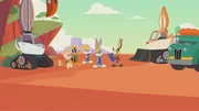 v.li.: Tweety, Porky Pig, Daffy Duck, Lola Bunny, Bugs Bunny, Wile E. Coyote