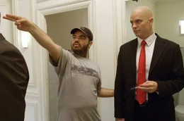 Director Xavier Gens makes a point to Timothy Olyphant on the set of HITMAN.