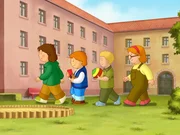 Tommy hat ein Portemonnaie gefunden. Nun wollen die Kinder nachsehen, wieviel Geld darin ist.