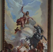 Italien, Lombardei, Cremona, Ricengo, Villa Ghisetti-Giavarina, Detail, Zeus, w&uuml;tend auf Phaeton, ist bereit, Blitze in seiner Hand abzufeuern, um ihn zu treffen und vom Wagen zu werfen.