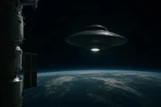 Ein Bild von der Internationalen Raumstation zeigt die Erdoberfläche, die von geheimnisvollen, geometrischen Lichtern erleuchtet wird. Seltsame, leuchtende Objekte schweben über der Atmosphäre und werfen unheimliche Schatten. Der Blick der Astronauten ist von Ehrfurcht und Angst erfüllt – als ob sie die ersten Anzeichen einer bevorstehenden Alien-Invasion beobachten.