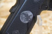 Detail of the black hawk emblazoned on the handgrip of the Nighthawk pistol. Detail of the black hawk emblazoned on the handgrip of the Nighthawk pistol.