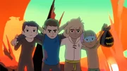 Tobie (2. v. re.) und seine Freunde Mondkopf (re.), Leo (2. v. li.) und Elisha (li.) haben ihren Freund Leo aus den Flammen gerettet.