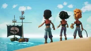 Der "Einäugige Piet" hat die Sardinen an der Nase herumgeführt. Nun macht er sich mit dem Schatz auf und davon. Von links: Finn, Zoe und Alexander. Der "Einäugige Piet" hat die Sardinen an der Nase herumgeführt. Nun macht er sich mit dem Schatz auf und davon. Von links: Finn, Zoe und Alexander.