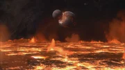 A fiery, molten planet with two planets colliding in the sky above it - GFX