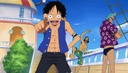 Gleich zwei Überraschungen warten auf die Strohhüte, als sie bei den Fliegenfisch-Riders eintreffen. Duval, der mit Ruffy und den Freunden noch ein Hühnchen zu rupfen hat, erwartet sie bereits. . One Piece, Staffel 7