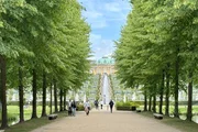 Die Terrassen mit Springbrunnen im Süden des Schlosses Sanssouci.