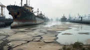 Ein verlassener Hafen mit mehreren rostigen Frachtschiffen, trockene, rissige Schlammflächen im Vordergrund, im Hintergrund industrielle Kräne und Strukturen unter nebligem oder verschmutztem Himmel. Eindruck von Verfall und Umweltbelastung.