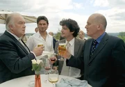 Hausarzt Dr. Daniel Weiss (Fritz Karl, 2.v.li.) trifft auf der Hochzeitsfeier den Autoh&auml;ndler Otto Schulz (Martin L&uuml;ttge, li.) und Porzellanhersteller Henry Rhomberg (Hanns Zischler, re.), bedient werden sie von dem Barkeeper Marco (Simon Verhoeven).