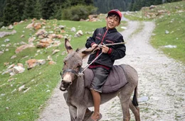Alihan reitet auf dem Esel der Familie.