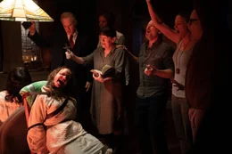(from lower left, clockwise) Angela Fielding (Lidya Jewett, back to camera), Katherine (Olivia O&rsquo;Neill), Pastor Don Revans (Raphael Sbarge), Doctor Beehibe (Okwui Okpokwasili), Ann (Ann Dowd), Tony (Norbert Leo Butz), Miranda (Jennifer Nettles) and Stuart (Danny McCarthy)
