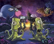 In the 22nd annual installment of "Treehouse of Horror," Homer channels Aron Ralston after a boulder traps his arm; a venomous spider bite leaves Homer paralyzed; then Ned Flanders transforms into a cold-blooded vigilante by night; and Bart and Milhouse get caught in inter-planetary warfare in the all-new "Treehouse of Horror XXII" episode of THE SIMPSONS.