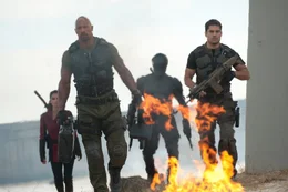 L-R: Jinx (Elodie Yung), Roadblock(Dwayne Johnson), Snake Eyes (Ray Park) und Flint (D.J. Cotrona)