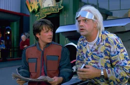 L - R: Marty McFly (Michael J. Fox), Doc Brown (Christopher Lloyd)