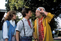 L - R: Jennifer (Elisabeth Shue), Marty McFly (Michael J. Fox), Doc Brown (Christopher Lloyd)
